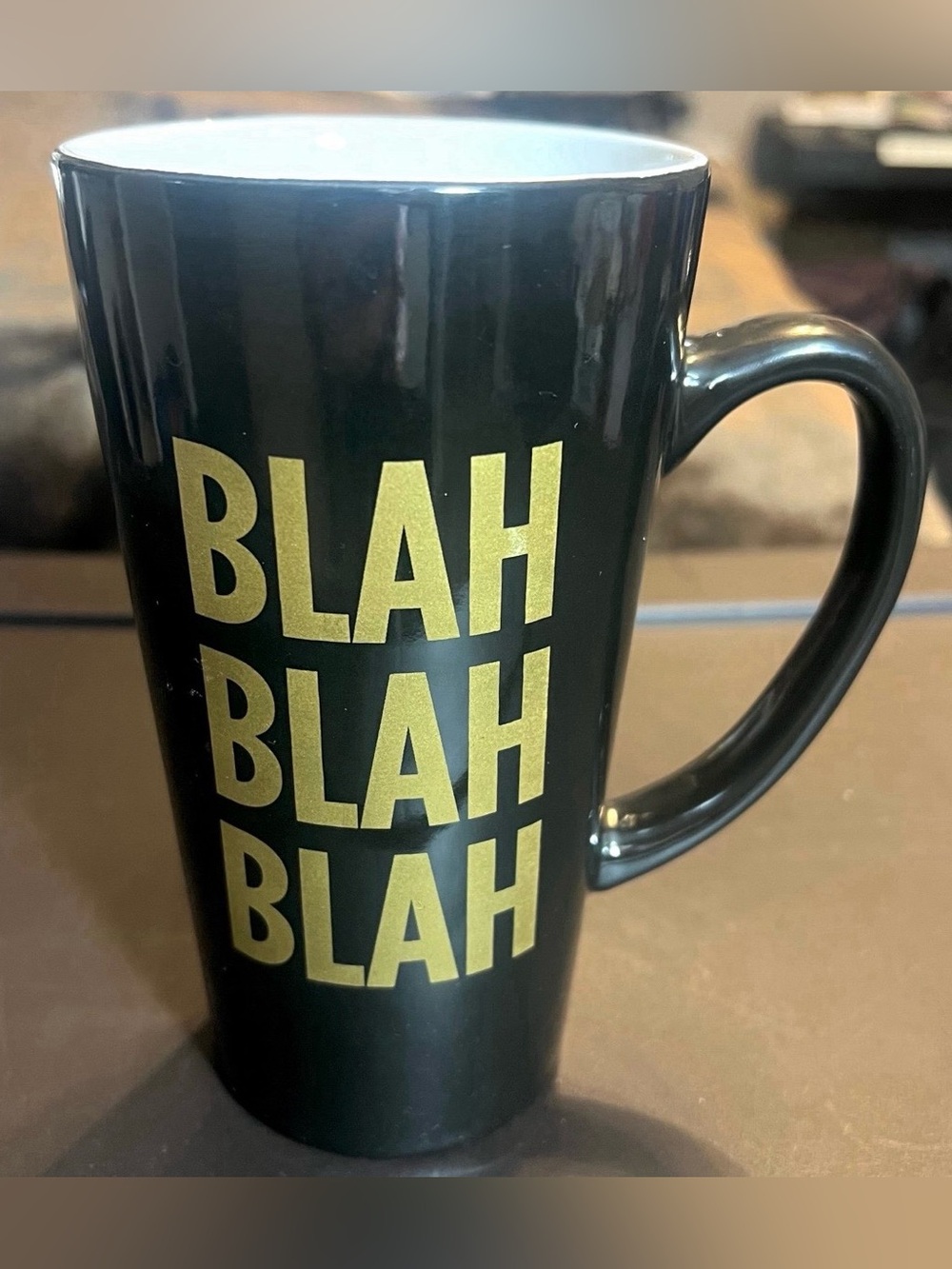 ‘Blah Blah Blah’ Black & Gold Tall Ceramic Coffee Mug Cup Home Kitchen Drinkware